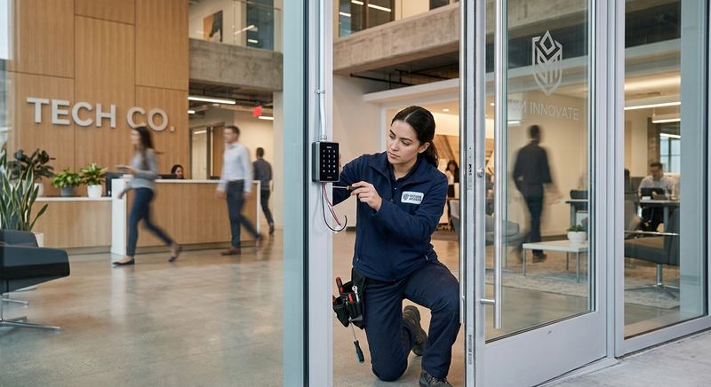 Commercial locksmith installing access control at Foster City tech office entrance
