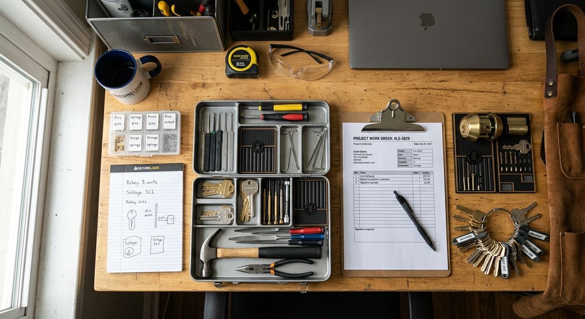 Desk with lock hardware components and documents representing the guide methodology