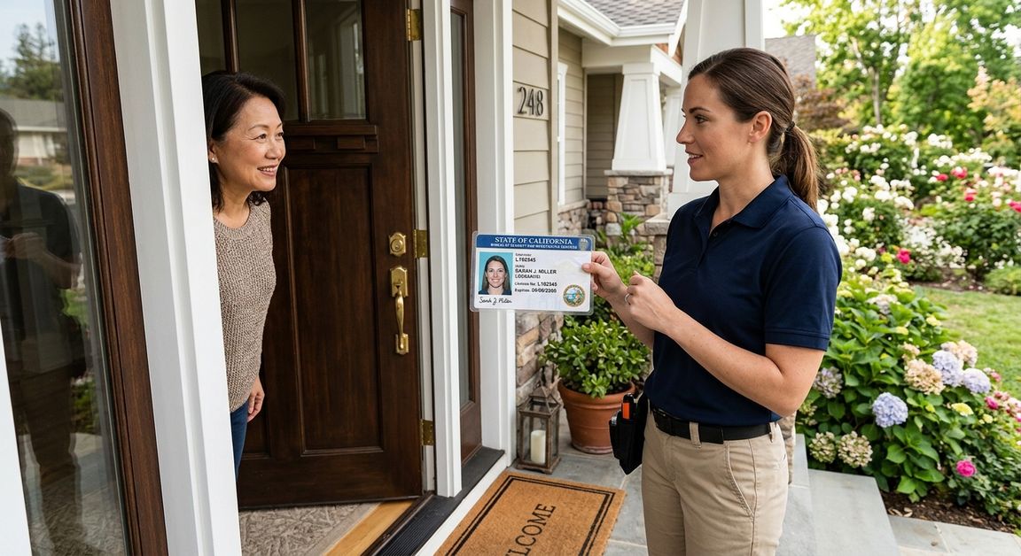 Locksmith showing BSIS California license credential to a Foster City homeowner