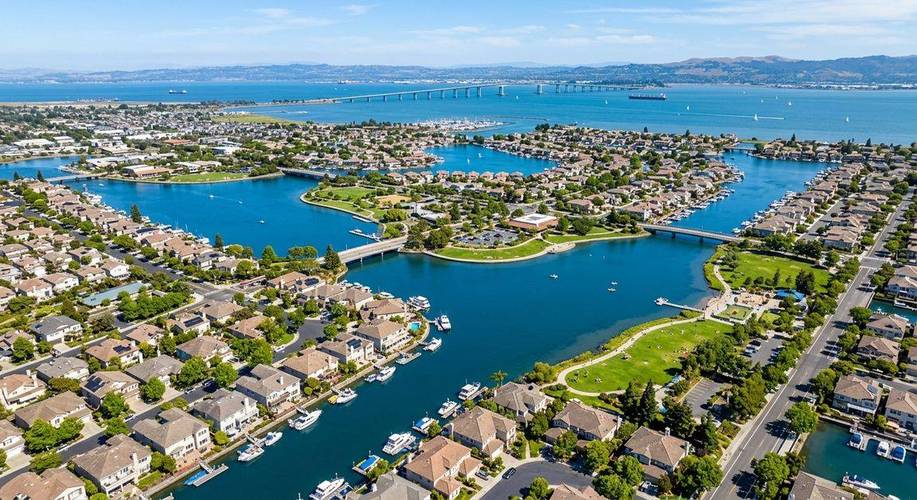 Foster City California lagoon and waterfront aerial view
