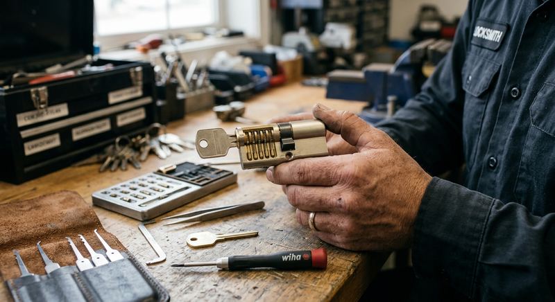 Locksmith holding a door lock cylinder with pin tumbler mechanism